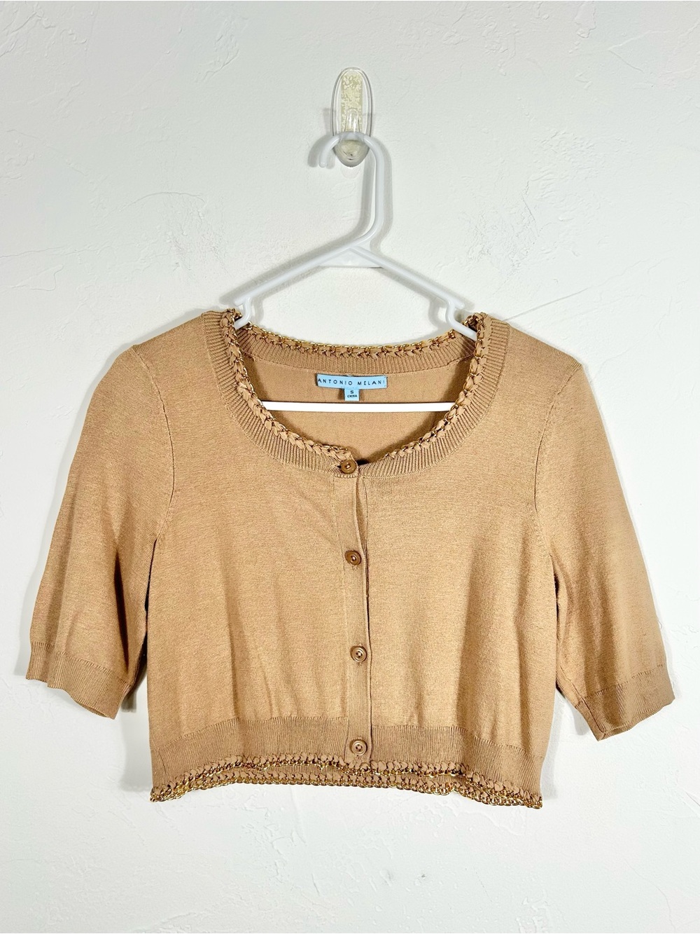 Antonio Melani Silk Beige Crop Knit Button Front Cardigan Gold Chain Trim Smal
